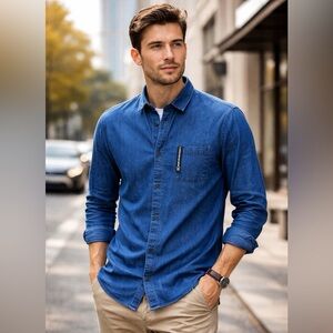 NWT  Kenneth Cole Dark Blue Men's Casual Button Down Shirt size Large